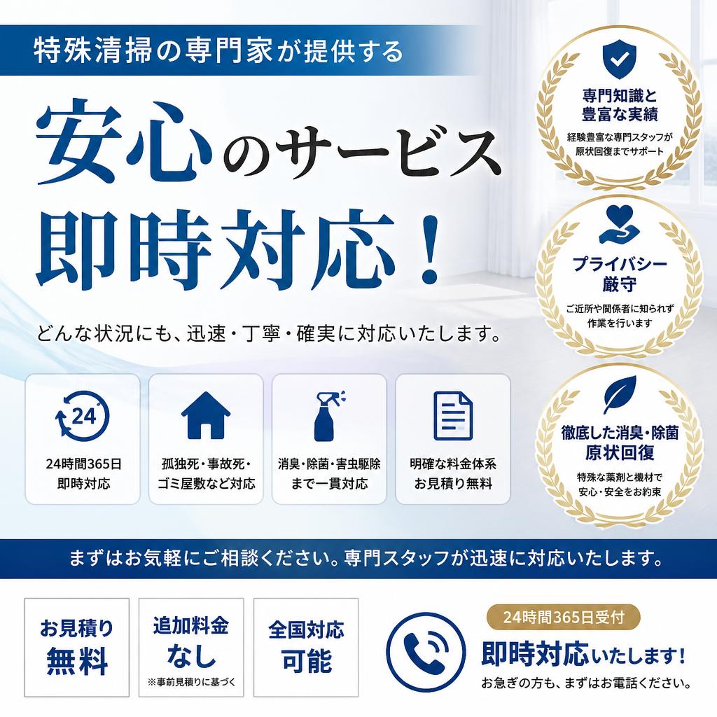 特殊清掃の専門家が提供する安心のサービス、即時対応！