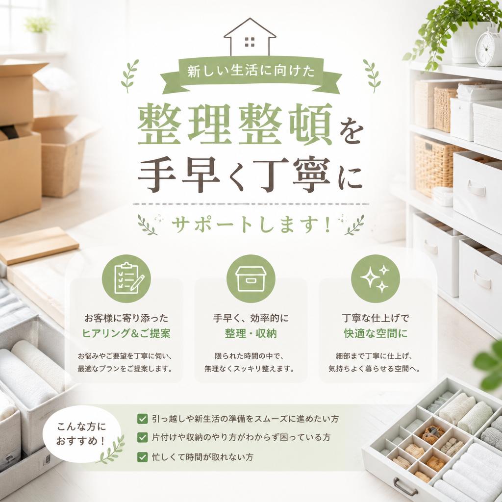 新しい生活に向けた整理整頓を、手早く丁寧にサポートします！